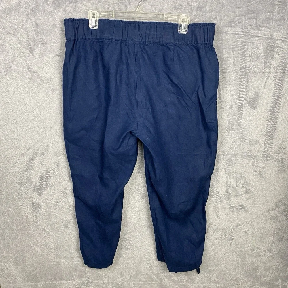 J JILL Pure 100% Linen Pull On Pants Cropped Blue Ankle Toggle Large Coastal